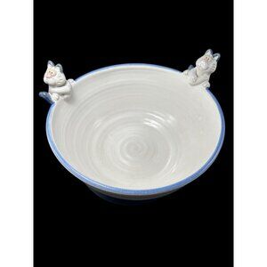 Applied Clay Cat x2 Large Hand Thrown Art Pottery Bowl John Nishio 10x4 Blue Rim